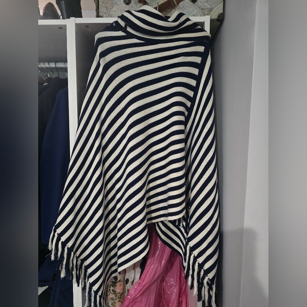 The Limited Navy and White Striped Knit Poncho
